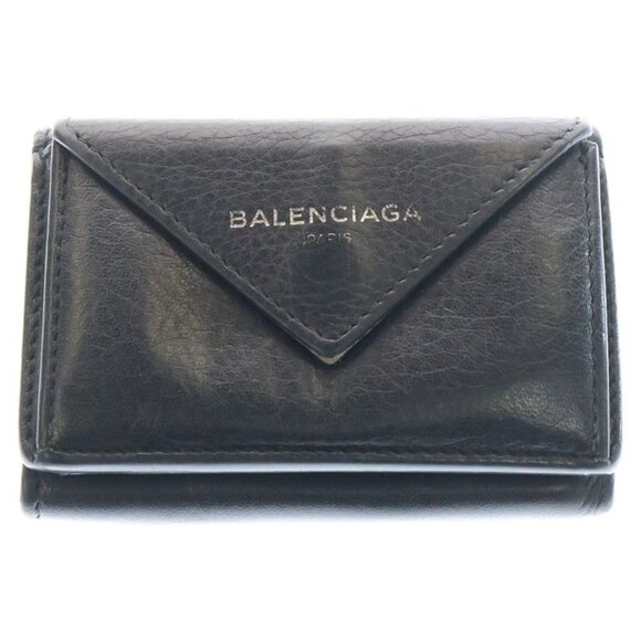 Balenciaga Paper Mini Wallet Trifold Coin Case Black Leather